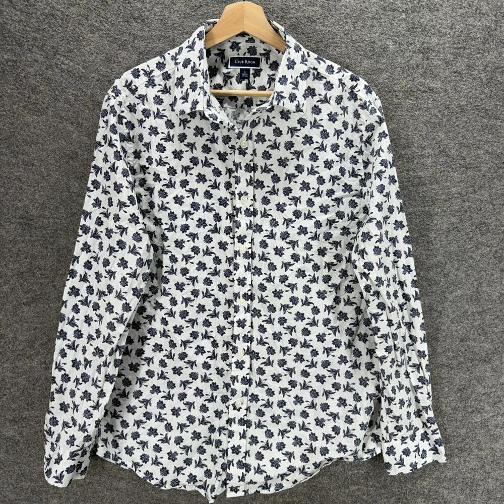 Club Room Shirt Men L Large White Floral Button Up Collared Long Sleeve Cotton